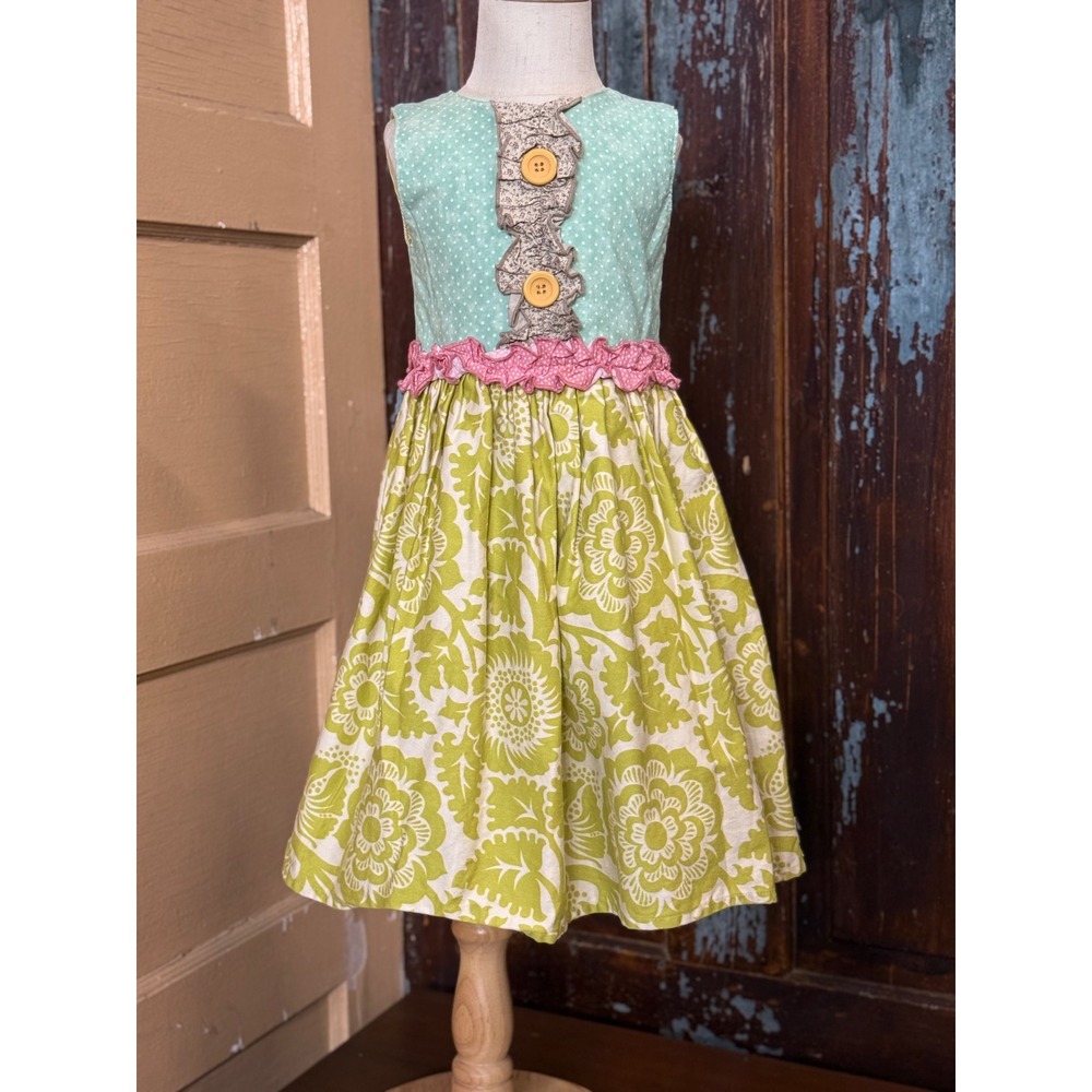 Persnickety Girls Green Aqua Floral Polka Dot Ruffle Boutique Dress Size 5 Years